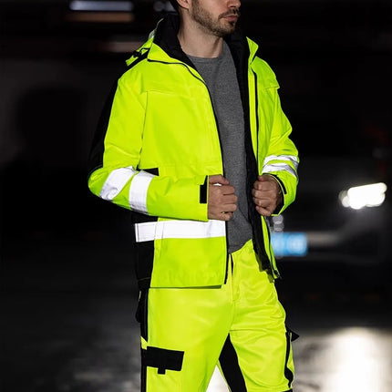 Hi Viz Yellow Workwear Suits for Work in Winter 3 in 1 Hi Vis Workwear Waterproof Jacket with Linner and Working Pants Men Set