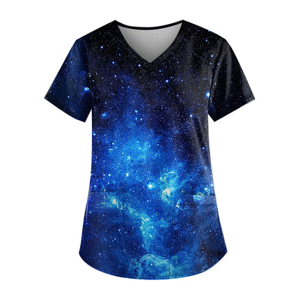 Casual Nurse Uniform Print Women Short Sleeve Tops V-Neck Blouse Shirt Pocket Beauty Care Scrub Uniforms Enfermera Mujer 2024-KarWorkwear
