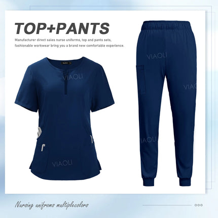 Women Scrub Set Zip-Neck Short Sleeve Scrub Top Pants Sets Nurse Uniforms Medical Nurses Accessories for Hospital Doctor Uniform-KarWorkwear