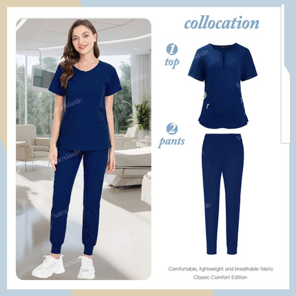 Short Sleeve Scrubs Set Surgical Clothes Nurse Nursing Uniforms Women V-neck Pocket Workwear Dentist Medical Uniforms Tops Pants-KarWorkwear