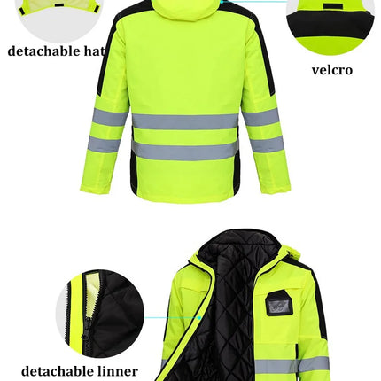 Hi Viz Yellow Workwear Suits for Work in Winter 3 in 1 Hi Vis Workwear Waterproof Jacket with Linner and Working Pants Men Set