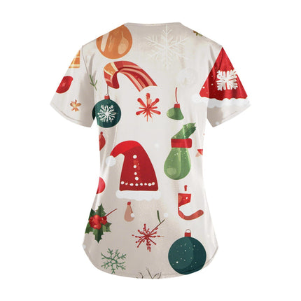 Christmas Nurse Scrubs Tops Women Medical Uniform Santa Claus Print V-Neck Nurse Uniform Hospital Healthcare Spa T-Shirt Blouse-KarWorkwear