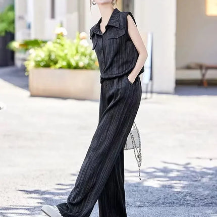 Wear To Work Shirt Ladies Trouser Black Women's Blouse and Pants Two Piece Set Professional Wide Leg Office Baggy Stripe Outfit