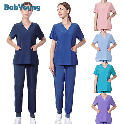 Hot Sales Nurse Uniform Women Short Sleeve Neck Tops Working Uniform Blouse Scrubs Workwear Nursing Women Scrubs Pants Elastic-KarWorkwear