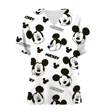 Miniso Disney Mickey Mouse 3DPrint Nurse Medical Uniforms V-neck Short Sleeve Pocket Workwear Scrubs Medical Accessories Uniform-KarWorkwear