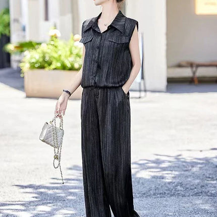Wear To Work Shirt Ladies Trouser Black Women's Blouse and Pants Two Piece Set Professional Wide Leg Office Baggy Stripe Outfit