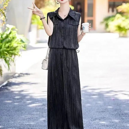 Wear To Work Shirt Ladies Trouser Black Women's Blouse and Pants Two Piece Set Professional Wide Leg Office Baggy Stripe Outfit