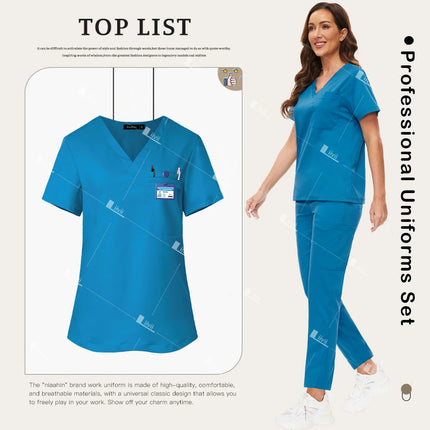 New Scrubs Set Medical Doctor Uniforms Stretch Scrub Top With Pocket Straight Pants Nurse Uniforms Beauty Salon Lab Workwear-KarWorkwear