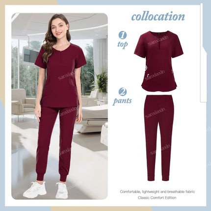 Short Sleeve Scrubs Set Surgical Clothes Nurse Nursing Uniforms Women V-neck Pocket Workwear Dentist Medical Uniforms Tops Pants-KarWorkwear