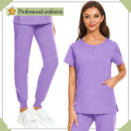 New Medical Surgical Uniforms Woman Scrub Set Beauty Salon Workwear Clinical Scrubs Top Pocket Pants Vet Doctor Zip Nursing Suit-KarWorkwear