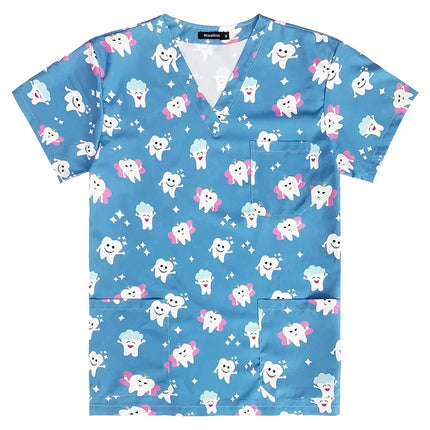 Men's Work Uniform Teeth Print Dentist Comfortable Short Sleeve Scrubs V-Neck Top Clinic Pharmacy Nursing Accessories Blouse New-KarWorkwear