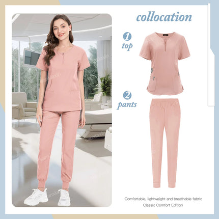 Short Sleeve Scrubs Set Surgical Clothes Nurse Nursing Uniforms Women V-neck Pocket Workwear Dentist Medical Uniforms Tops Pants-KarWorkwear
