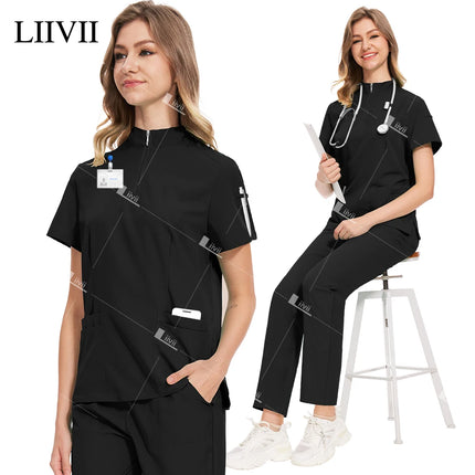 Fashion Black Uniforms Woman Beauty Workwear Medical Scrub Set Doctor Nurse Nursing Clothes Clinical Scrubs Top Pants Sets S-XXL-KarWorkwear