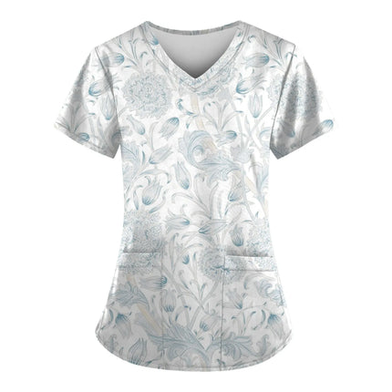 2023 Women Nurse Scrub Working Uniforms Pocket T-Shirt Workwear V-Neck Tops For Female Blouse Print Short Sleeve Hospital Mujer-KarWorkwear