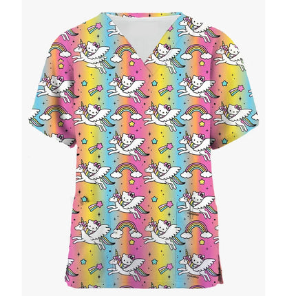 Medical Blouse Clinic Hospital Workwear Healthcare Nurse Coulomi Hello Kitty Print Uniform Carer Working Short Sleeve Tops Women-KarWorkwear