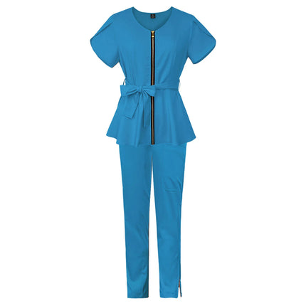 Nurse Uniform Suit Scrubs Uniforms Veterinary Work Clothes Scrub Tops Pants Women Solid Zip Short Sleeve Pockets Carer Uniform-KarWorkwear