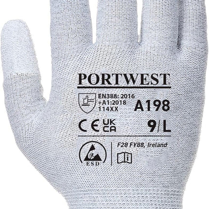 A198 Antistatic Safety Glove with PU Non Slip Fingertip Coating ANSI, Large
