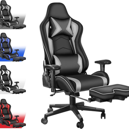 Gaming Chair with Footrest, Gaming Chairs, Comfortable Office Chairs Ergonomic Computer Gamer Chair with Headrest and Lumbar Support, High Back Gaming Chairs for Teens Adults, Grey