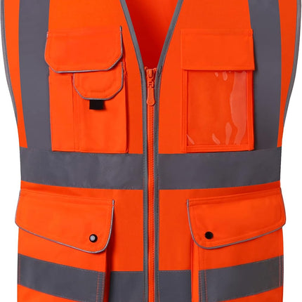 9 Pockets Class 2 High Visibility Zipper Front Safety Vest with Reflective Strips, Meets ANSI/ISEA Standards (Large, 150-Pink)