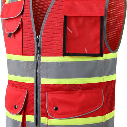 9 Pockets Class 2 High Visibility Zipper Front Safety Vest with Reflective Strips, Meets ANSI/ISEA Standards (Large, 150-Pink)