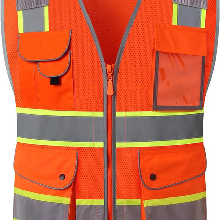 9 Pockets Class 2 High Visibility Zipper Front Safety Vest with Reflective Strips, Meets ANSI/ISEA Standards (Large, 150-Pink)