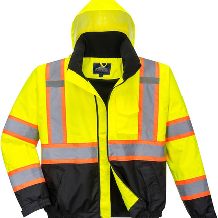 US367 Hi Vis 2 in 1 Bomber Jacket Waterproof Two Way Zip with Pack Away Hood, Yellow/Black, 7XL