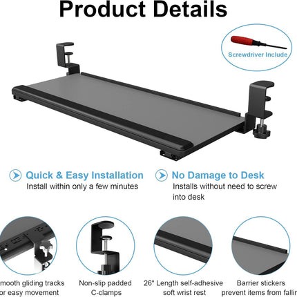 Keyboard Tray under Desk Slide Out,Keyboard Drawer Clamp on Keyboard Tray with Wrist Rest Keyboard Holder for Home Office School 26" (30" Including Clamps) X 10" Dark Gray