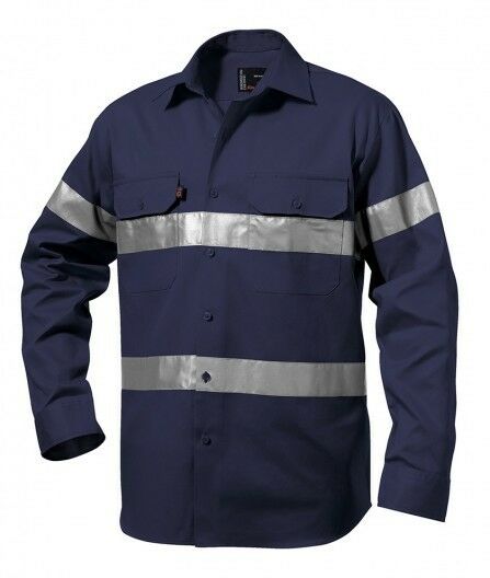 Mens KingGee Hi-Vis Long Sleeve Reflective Tape Work Shirt Job Site Drill K54250-KarWorkwear