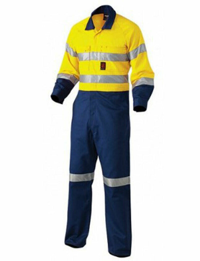 KingGee Mens Hi-Vis Combination Drill Overalls Spliced Cotton Work Safety K51525-KarWorkwear