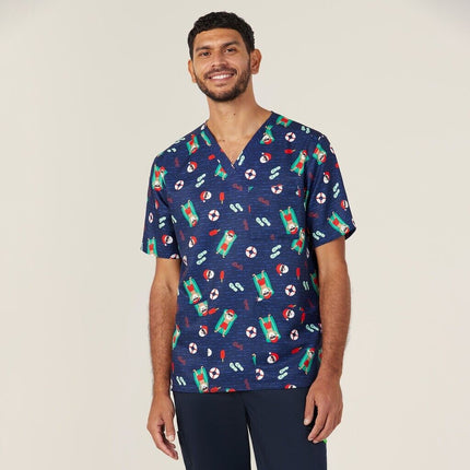 NNT Unisex Festive Santa Pool Party Scrub Digital Print V-neckline Top CATRGK-KarWorkwear