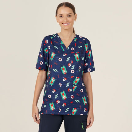 NNT Unisex Festive Santa Pool Party Scrub Digital Print V-neckline Top CATRGK-KarWorkwear