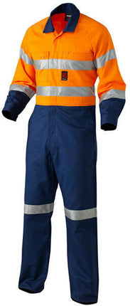 KingGee Mens Hi-Vis Combination Drill Overalls Spliced Cotton Work Safety K51525-KarWorkwear