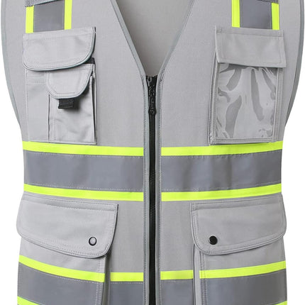 9 Pockets Class 2 High Visibility Zipper Front Safety Vest with Reflective Strips, Meets ANSI/ISEA Standards (Large, 150-Pink)