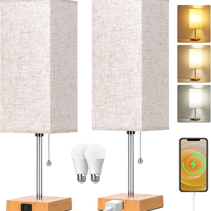 Touch Control Bedside Lamp, 3 Way Dimmable Nightstand Lamp with 2 USB Ports & AC Outlet, Modern Style, White Fabric Shade