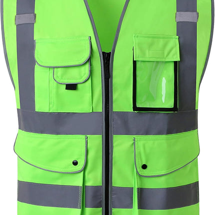 9 Pockets Class 2 High Visibility Zipper Front Safety Vest with Reflective Strips, Meets ANSI/ISEA Standards (Large, 150-Pink)