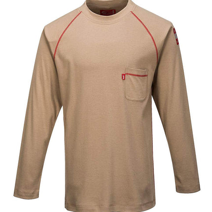 FR01 Mens Flame Resistant Bizflame Long Sleeved Crew Neck T Shirt ASTM, Khaki, X Large