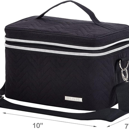 Double Layer Makeup Bag for Travel, Portable Cosmetic Organizer for Brushes Sets, Large Toiletry Holder with Straps, Black