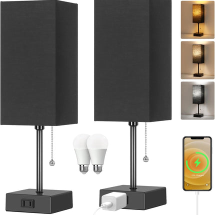 Touch Control Bedside Lamp, 3 Way Dimmable Nightstand Lamp with 2 USB Ports & AC Outlet, Modern Style, White Fabric Shade
