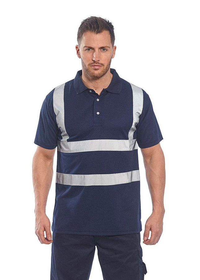 Iona Polo Shirt Hi Vis Visibility Reflective Short Sleeve Work Wear Top, Navy, 5XL
