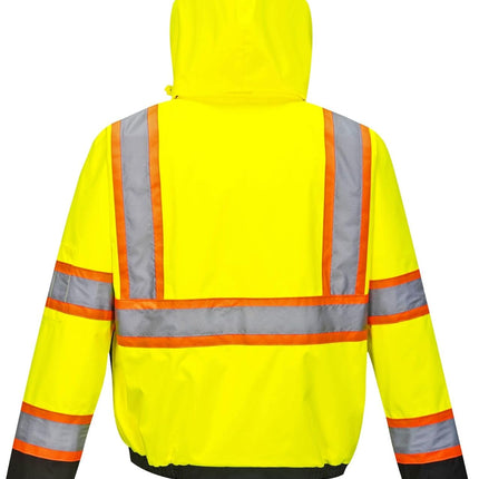US367 Hi Vis 2 in 1 Bomber Jacket Waterproof Two Way Zip with Pack Away Hood, Yellow/Black, 7XL