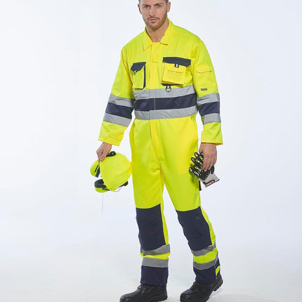 TX55 Nantes Hi Vis Coveralls - Reflective Safety Coveralls with Pockets ANSI Class 3 Yellow/Navy, Large