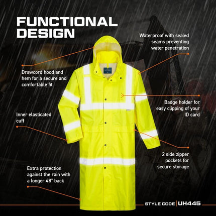 UH445 Men'S Classic Raincoat Waterproof Hi Vis Reflective Long Rain Jacket ANSI Class 3 Yellow