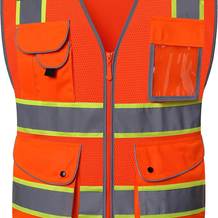 9 Pockets Class 2 High Visibility Zipper Front Safety Vest with Reflective Strips, Meets ANSI/ISEA Standards (Large, 150-Pink)