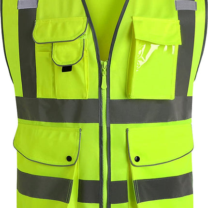 9 Pockets Class 2 High Visibility Zipper Front Safety Vest with Reflective Strips, Meets ANSI/ISEA Standards (Large, 150-Pink)