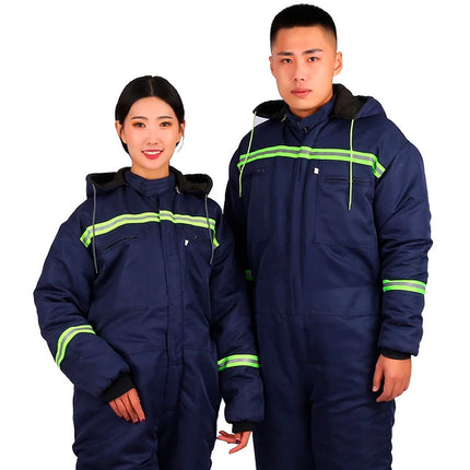 Winter Reflective Hooded Overalls Siamese Long-sleeve Coveralls Workshop Warm Thick Hi Vis Dust Proof Anti Fouling Jumpsuits