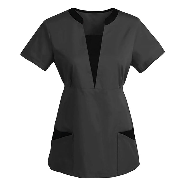 Nursing Uniform Women Tops Short Sleeve V-neck Work Uniform Solid Patchwork Color Pockets Blouse Nurse Work Uniform Accessories-KarWorkwear