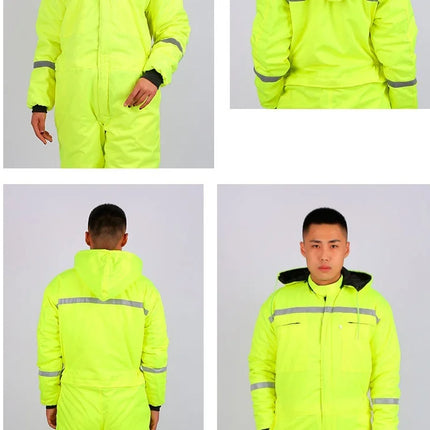 Winter Reflective Hooded Overalls Siamese Long-sleeve Coveralls Workshop Warm Thick Hi Vis Dust Proof Anti Fouling Jumpsuits