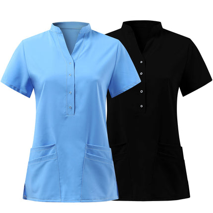 Solid Women Nurse Uniform Scrub Short Sleeve V-neck Button Pocket Tops Nursing Working Medical Uniform Blouse Nurse Accessories-KarWorkwear