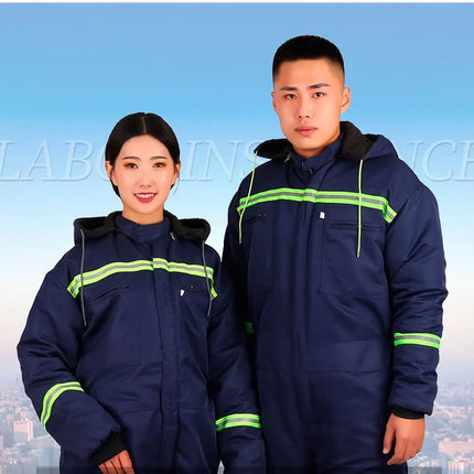 Winter Reflective Hooded Overalls Siamese Long-sleeve Coveralls Workshop Warm Thick Hi Vis Dust Proof Anti Fouling Jumpsuits
