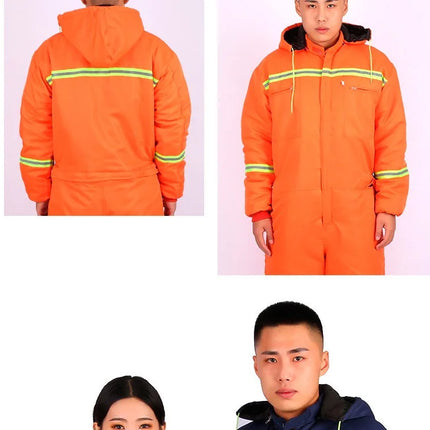 Winter Reflective Hooded Overalls Siamese Long-sleeve Coveralls Workshop Warm Thick Hi Vis Dust Proof Anti Fouling Jumpsuits